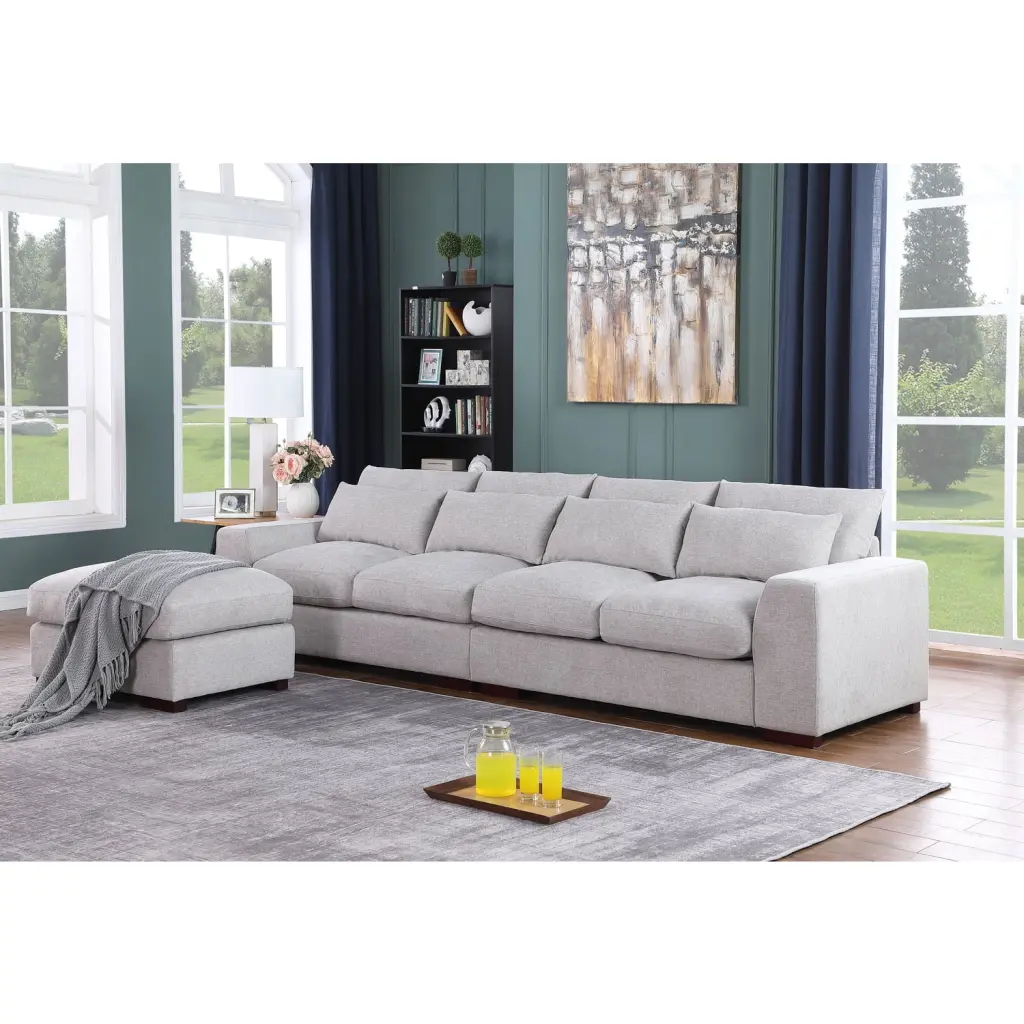 Devion Furniture 123.24 Inch Fabric Square Arm Modular Sectional Sofa Ottoman Light Gray
