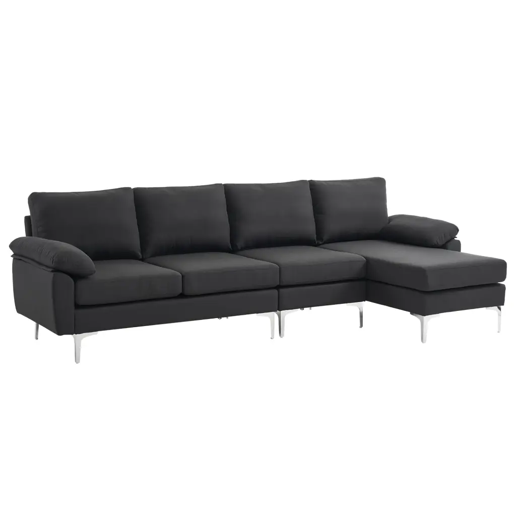 280x140x86cm L-Shaped Glossy Black 4-Seater Indoor Modular Sofa Iron Legs Stylish Living Room Furniture Funwill