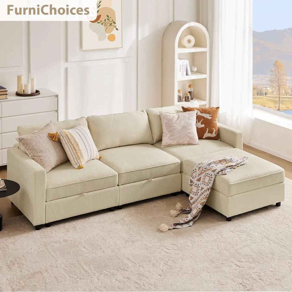 FurniChoices Modular Sectional Sofa Storage 4 Seat L Shaped Sofa Couch Beige