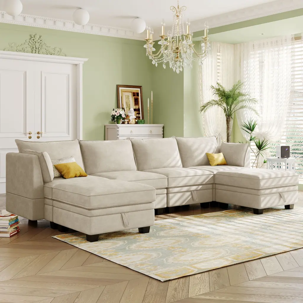 Gexpusm Modern U Shape Modular Sofa Convertible Sofa Bed Storage Seat and Ottoman Beige