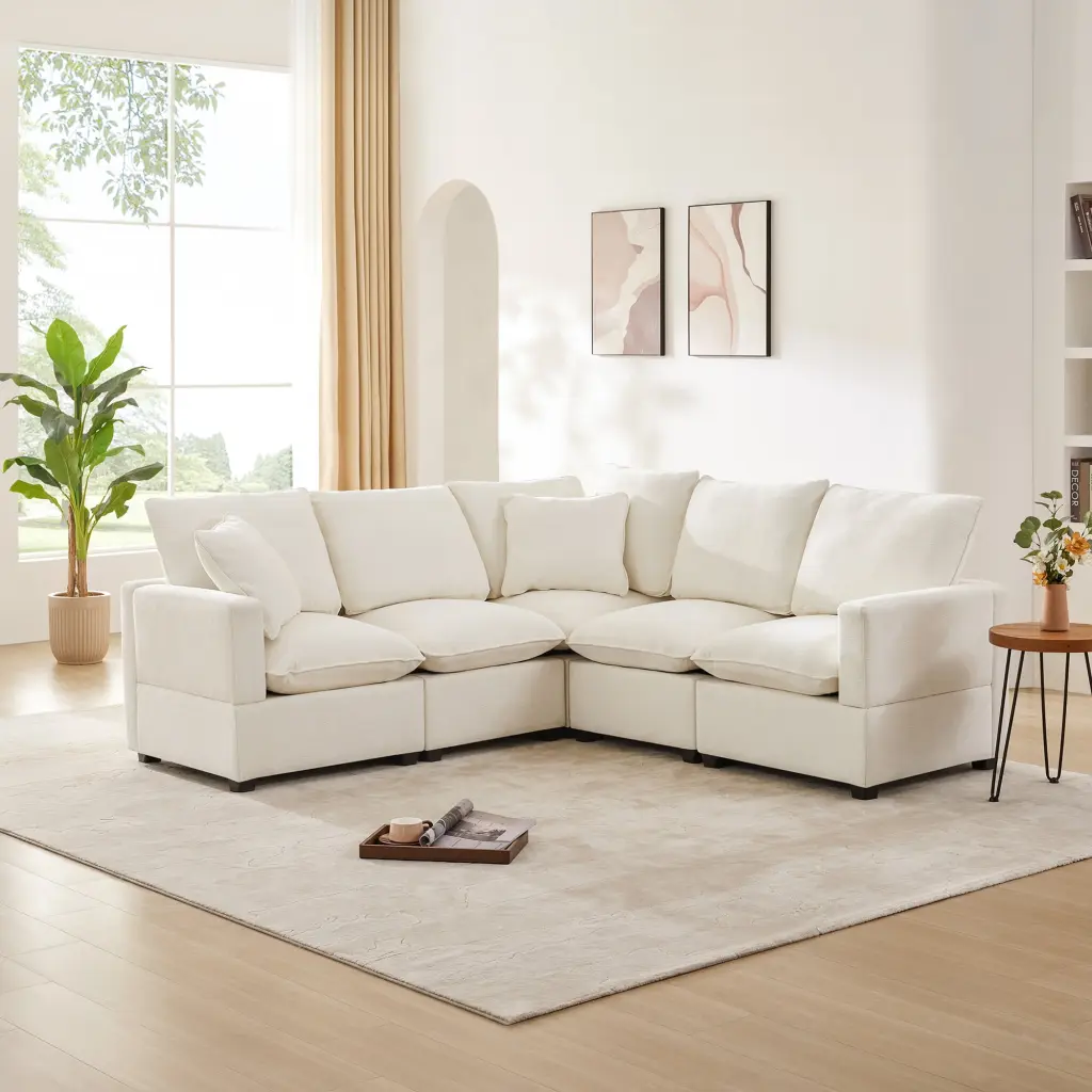 84x84 Modern L Shape Modular Sofa 5 Seat Chenille Sectional Couch Set 2 Pillows Freely Combinable Ghislaine