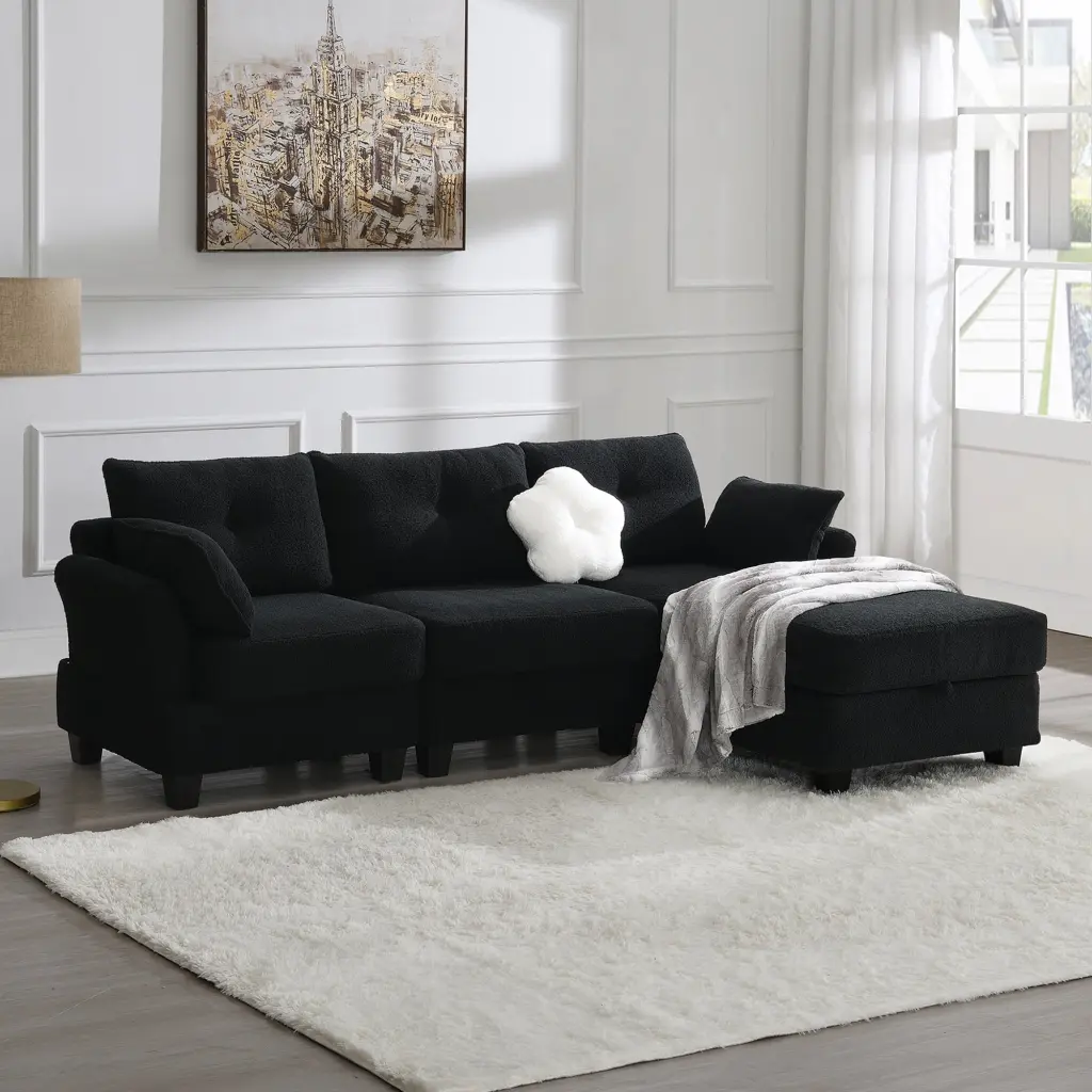 92x63 Modern Teddy Velvet Sectional Sofa Charging Ports L-shaped Couch Storage Ottoman and 4 Seat Interior Furniture Ghisl...