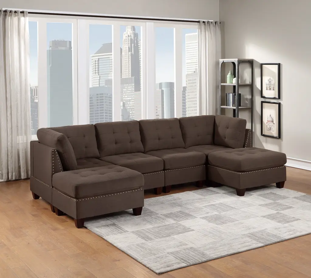 Modular 6pc U-Sectional Sofa Set Black Coffee Linen Fabric Tufted Nailheads 2 Corner Wedges 2 Armless Chairs 2 Ottomans Gh...