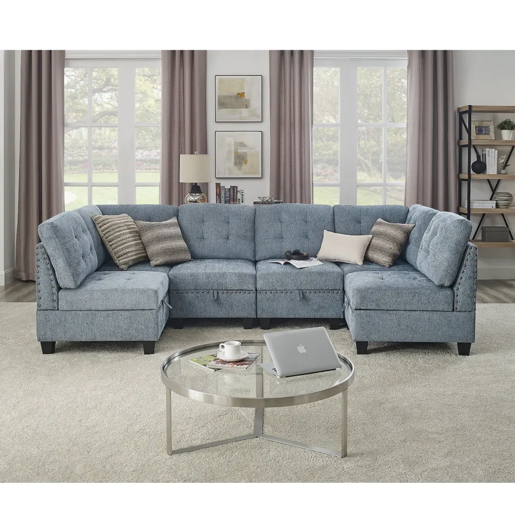 U Shape Modular Sectional Sofa DIY Combination Four Single Chairs and Two Corners Navy Chenille Ghislaine