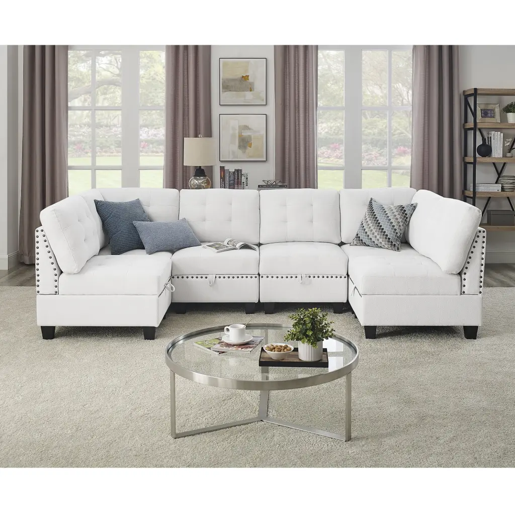 U Shape Modular Sectional Sofa DIY Combination Four Single Chairs and Two Corners Ivory Chenille Ghislaine