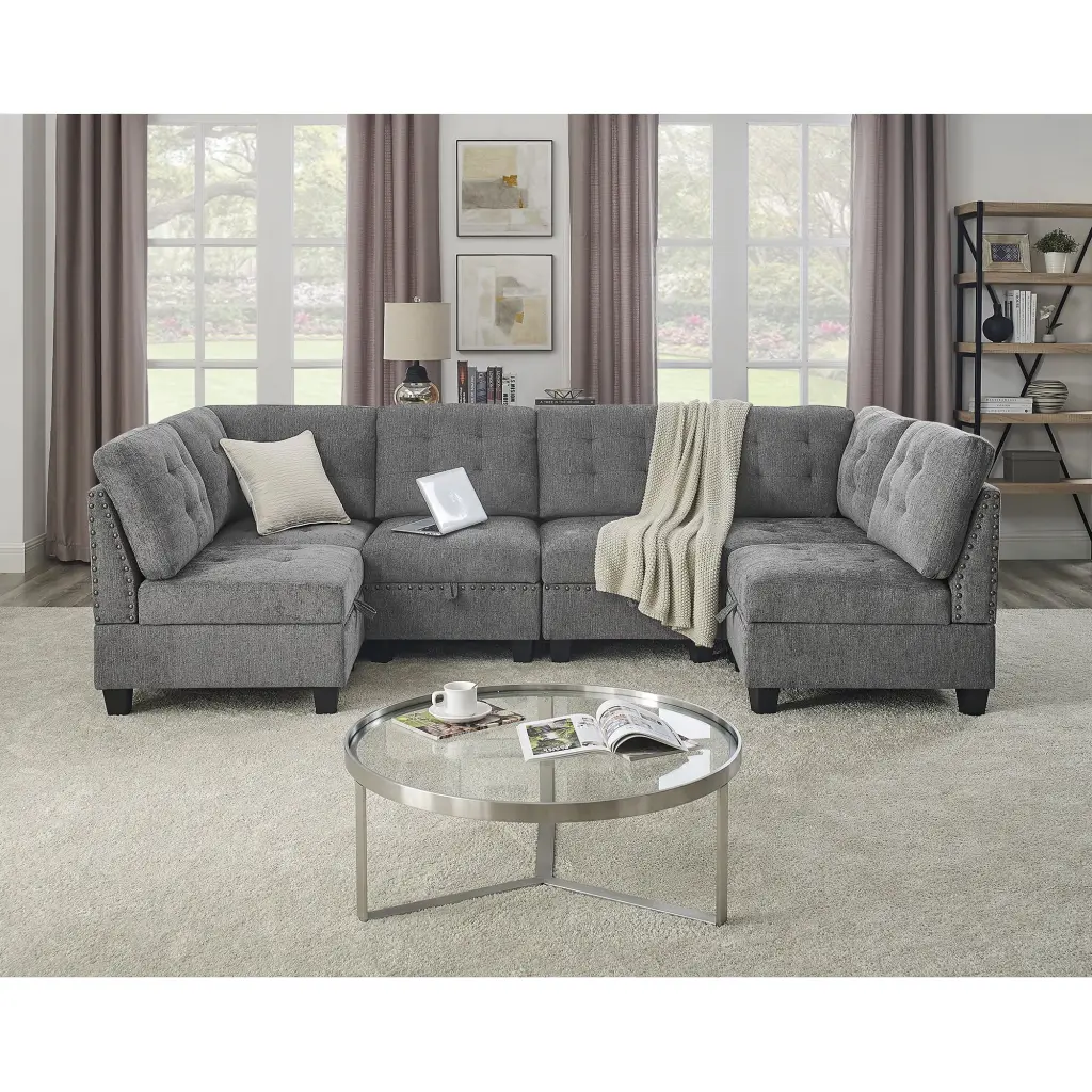 U Shape Modular Sectional Sofa DIY Combination Four Single Chairs and Two Corners Grey Chenille Ghislaine