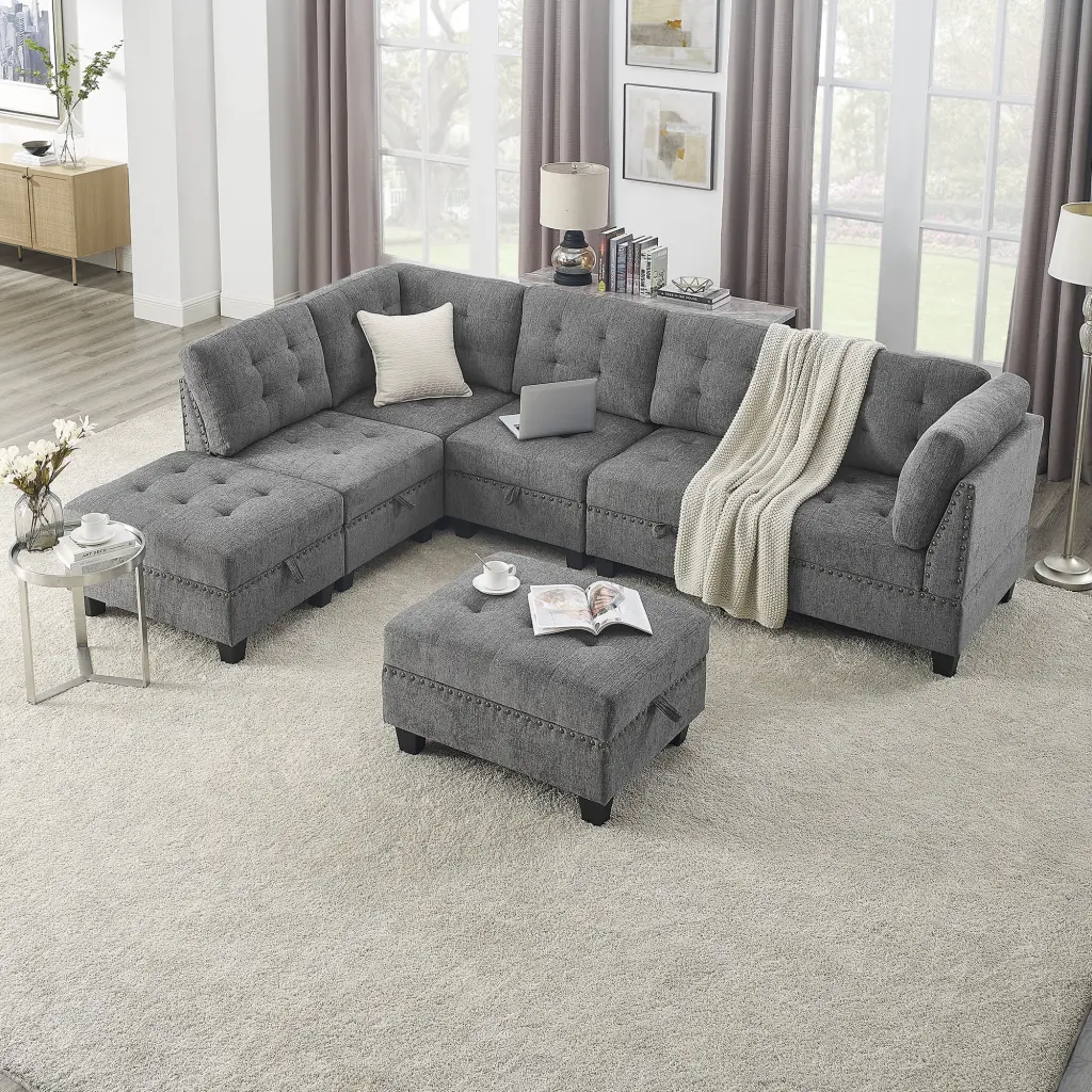 L Shape Modular Sectional Sofa DIY Combination Three Single Chairs Two Corners and Two Ottomans Grey Chenille Ghislaine