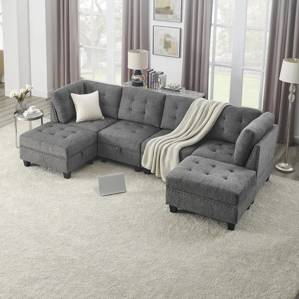 U Shape Modular Sectional Sofa DIY Combination Single Chairs, Corners, and Ottomans Navy Chenille Ghislaine