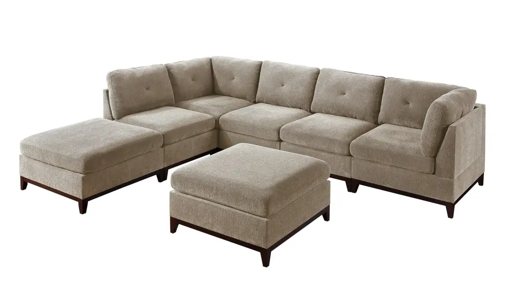 Khal Camel Chenille Fabric Modular Sectional 7pc Set - Includes Corner Wedges, Armless Chairs, and Ottomans Go Green Woods