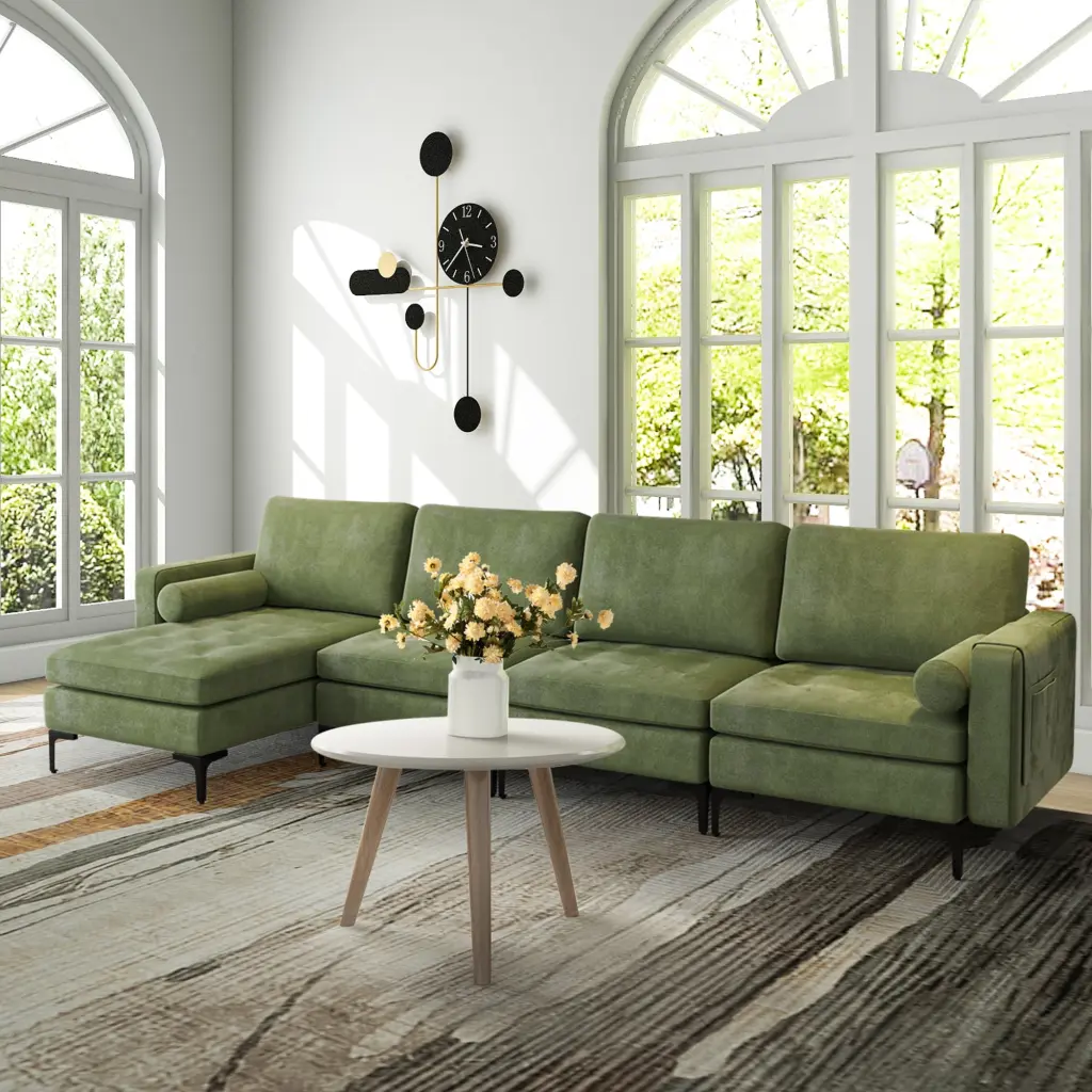 Gymax Oversized Modular Sectional Sofa L-Shaped 2 Bolsters 4 USB Ports