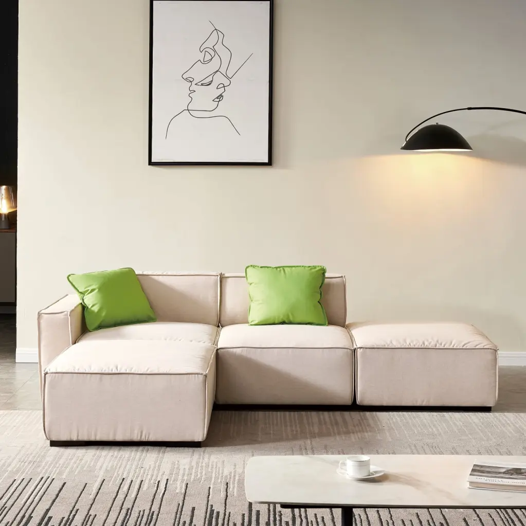 Beige Modular Sectional Sofa Convertible Design Premium Linen Fabric Deep Comfortable Cushions HATNOKIL