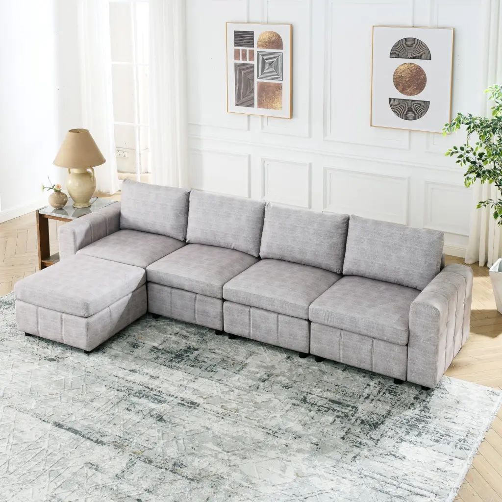 Cozy Living Spaces L-Shaped Modular Sofa Light Grey 4-Seater Sectional Ottoman HATNOKIL