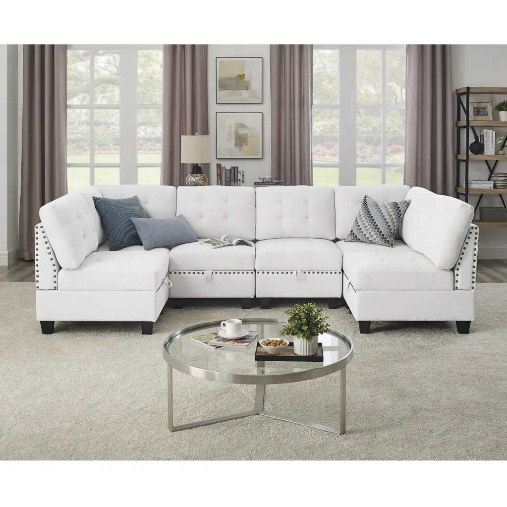 Ivory Chenille U-Shape Modular Sectional Sofa DIY Combination Four Single Chairs Two Corners Storage HATNOKIL
