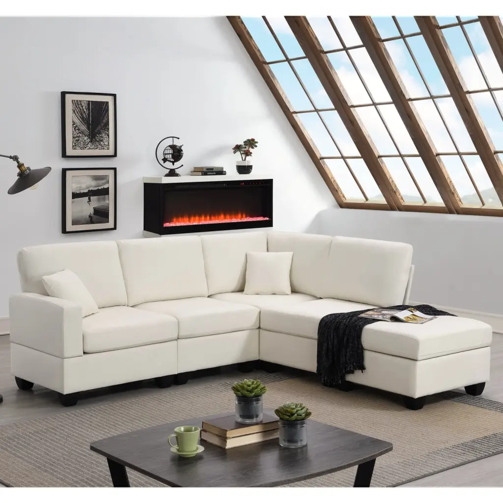Sleek Beige Modern 5-Seat Modular Sectional Sofa Convertible Ottoman HATNOKIL