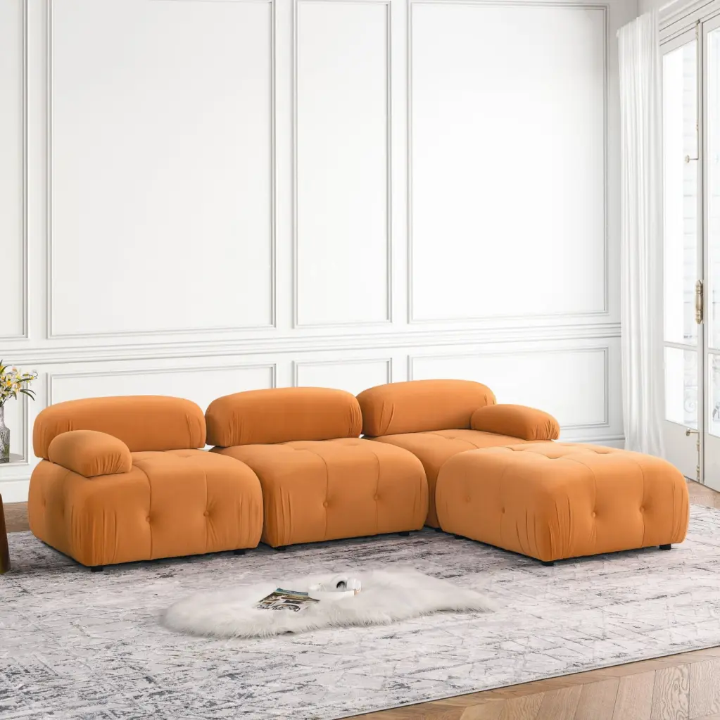 Vibrant Orange Velvet Modular Sectional Sofa Reversible Ottoman and Solid Wood Frame HATNOKIL
