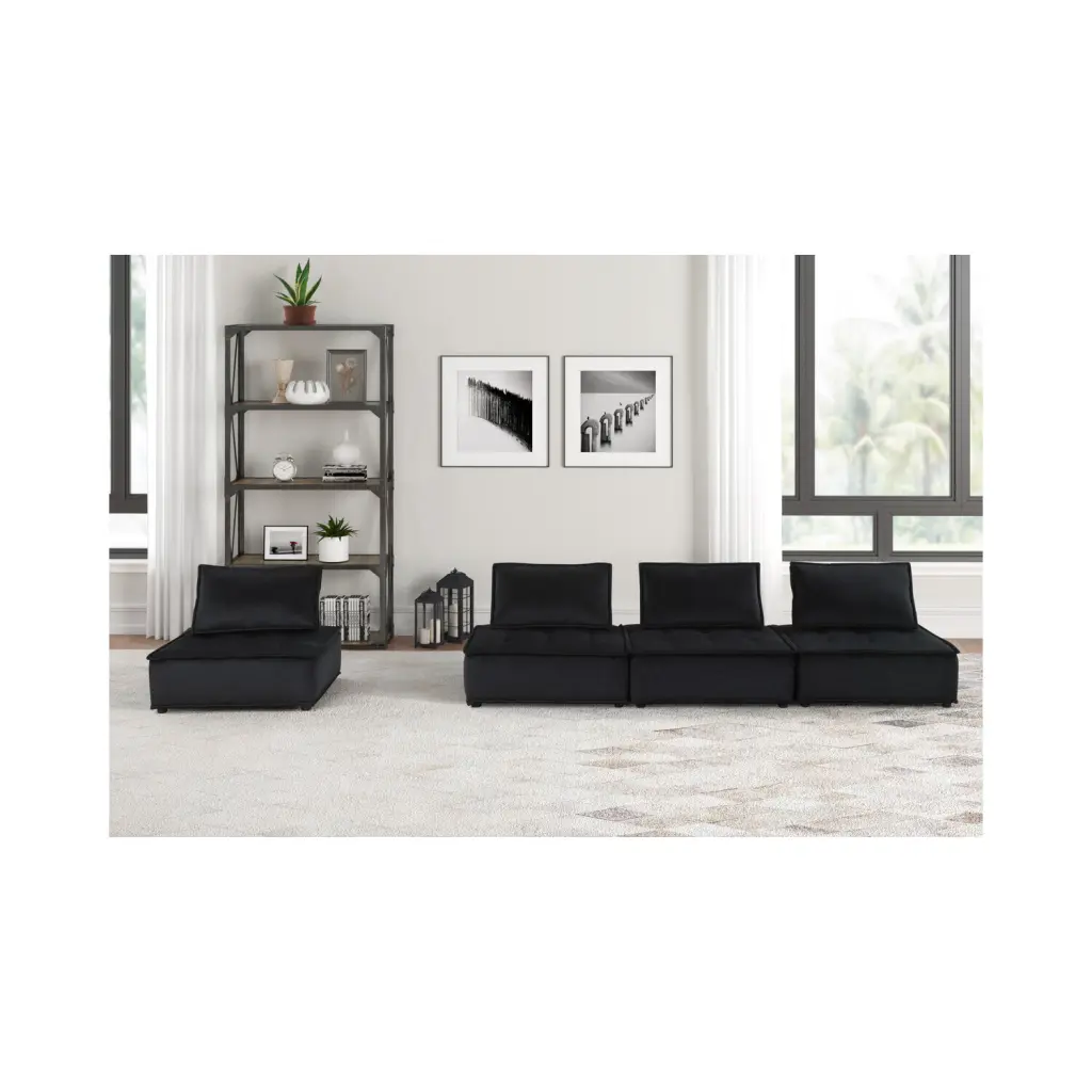 Homestock Art Deco Dreams Black Velvet 4 Pc Modular Sofa Vintage Living Room Furniture