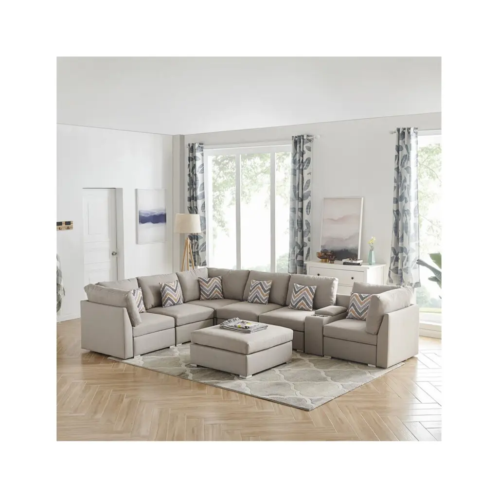 Homestock Baroque Bliss Beige Fabric Reversible Modular Sectional Sofa USB Console and Ottoman