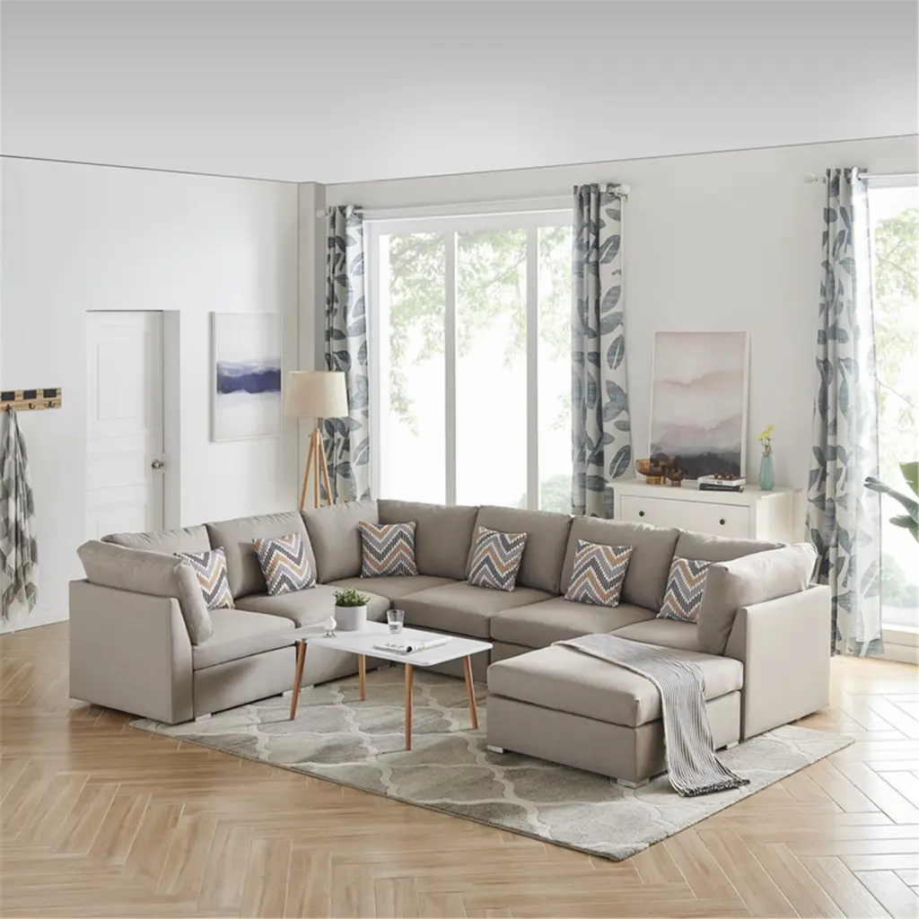 Homestock Baroque Bonanza Beige Fabric Reversible Modular Sectional Sofa Ottoman and Pillows