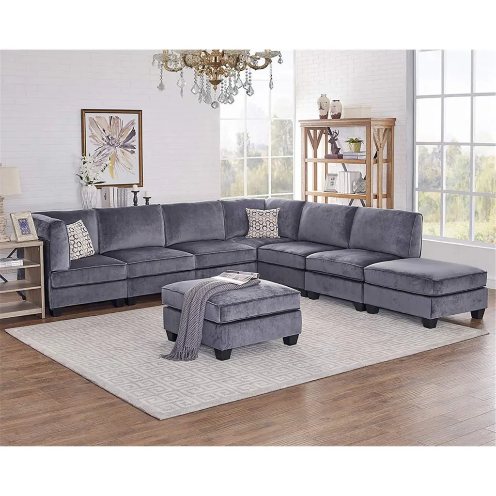 Homestock Baroque Brilliance Gray Velvet 8-Piece Modular Sectional Sofa Set