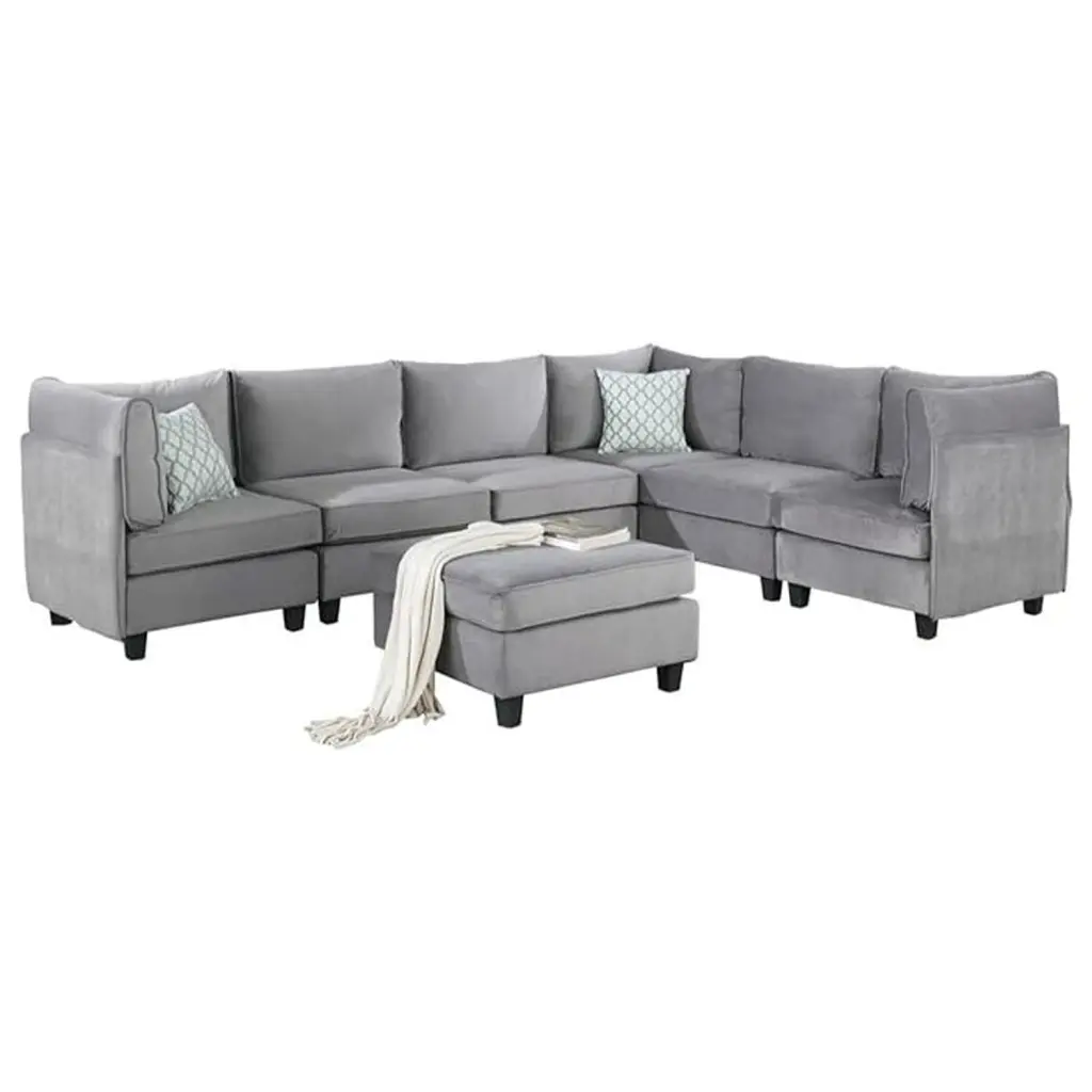 Homestock Contemporary Chic Gray Velvet Modular Sectional Sofa 7-Piece Set