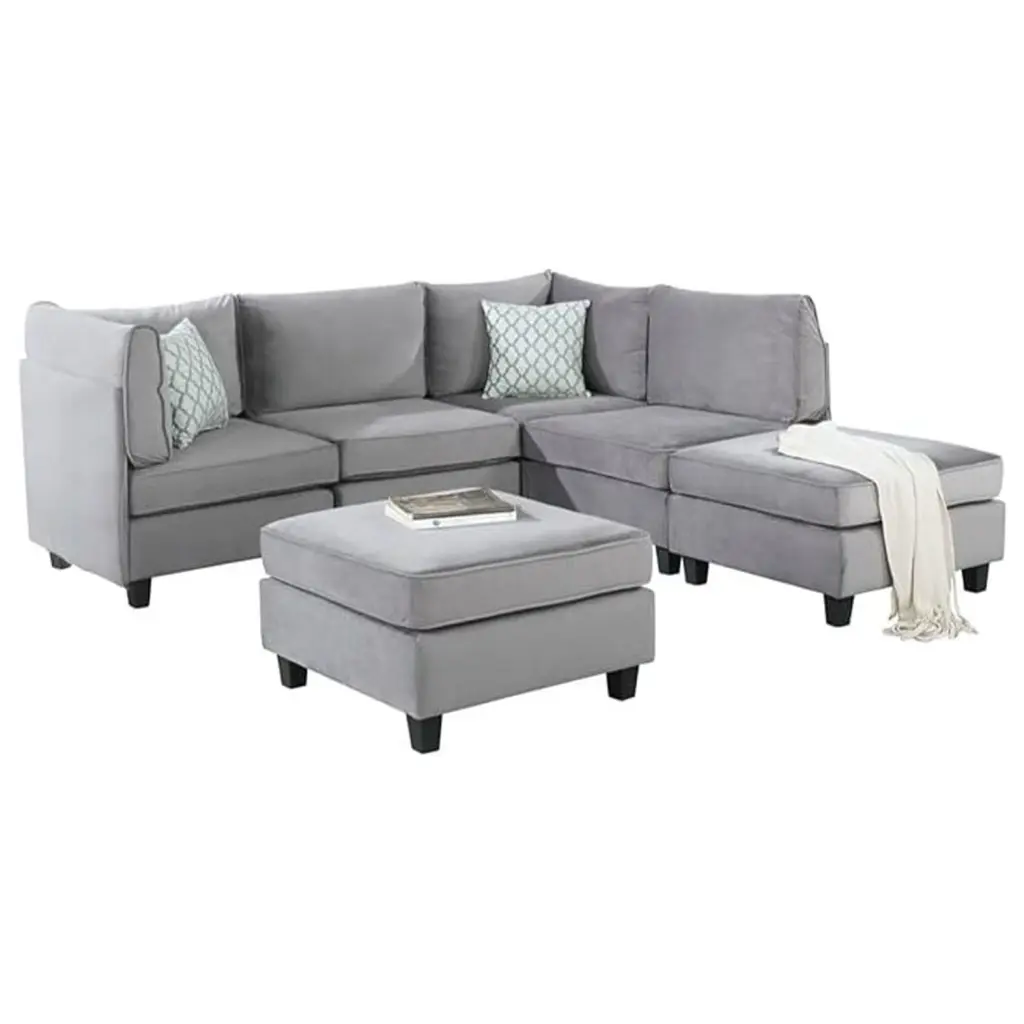 Homestock Contemporary Chic Gray Velvet Modular Sectional Sofa 6-Piece Set Modern Living Room
