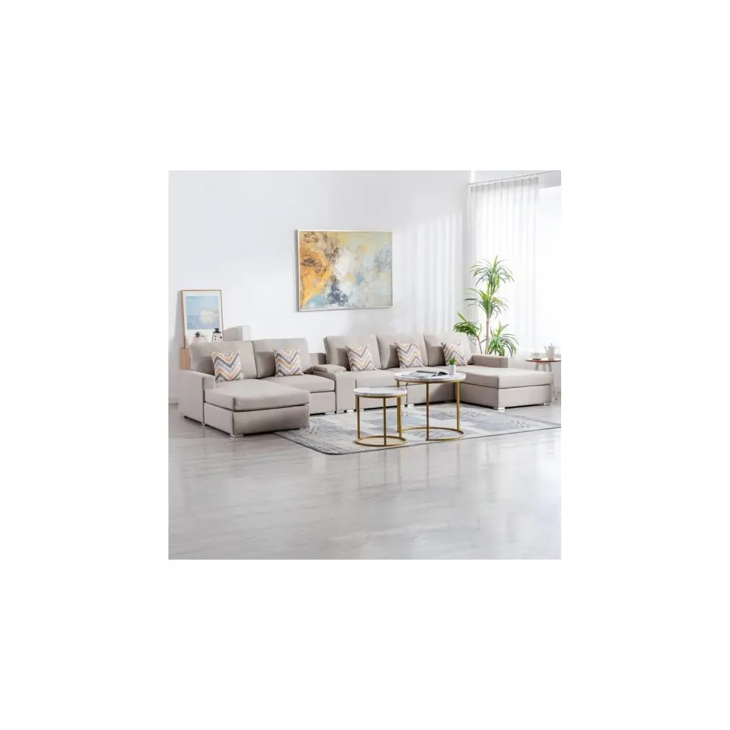 Homestock Modern 6-Piece Linen Sectional Sofa USB Ports and Storage Console - Modular Double Chaise Living Room Set