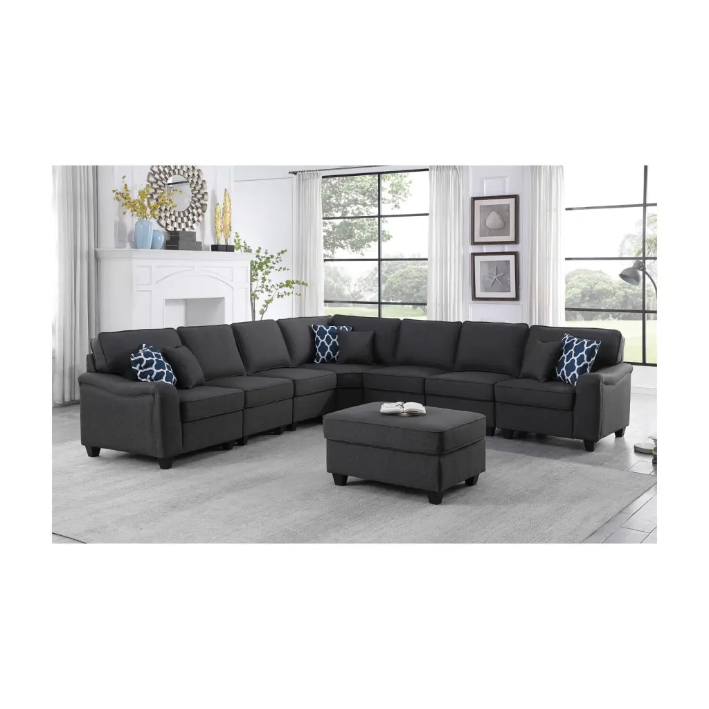 Homestock Suburban Sophistication Dark Gray Linen 8Pc Modular L-Shape Sectional Sofa and Ottoman