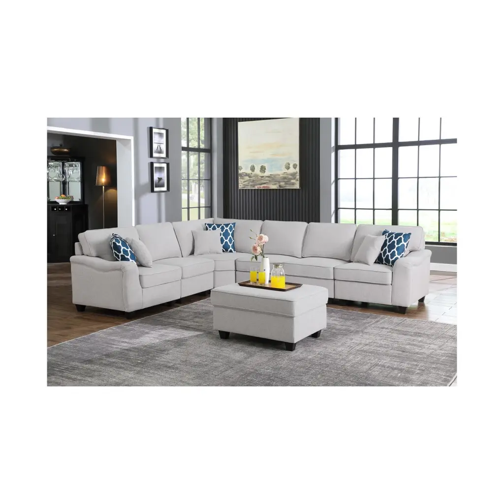 Homestock Timeless Trends Dark Gray Linen 7Pc Modular L-Shape Sectional Sofa Ottoman