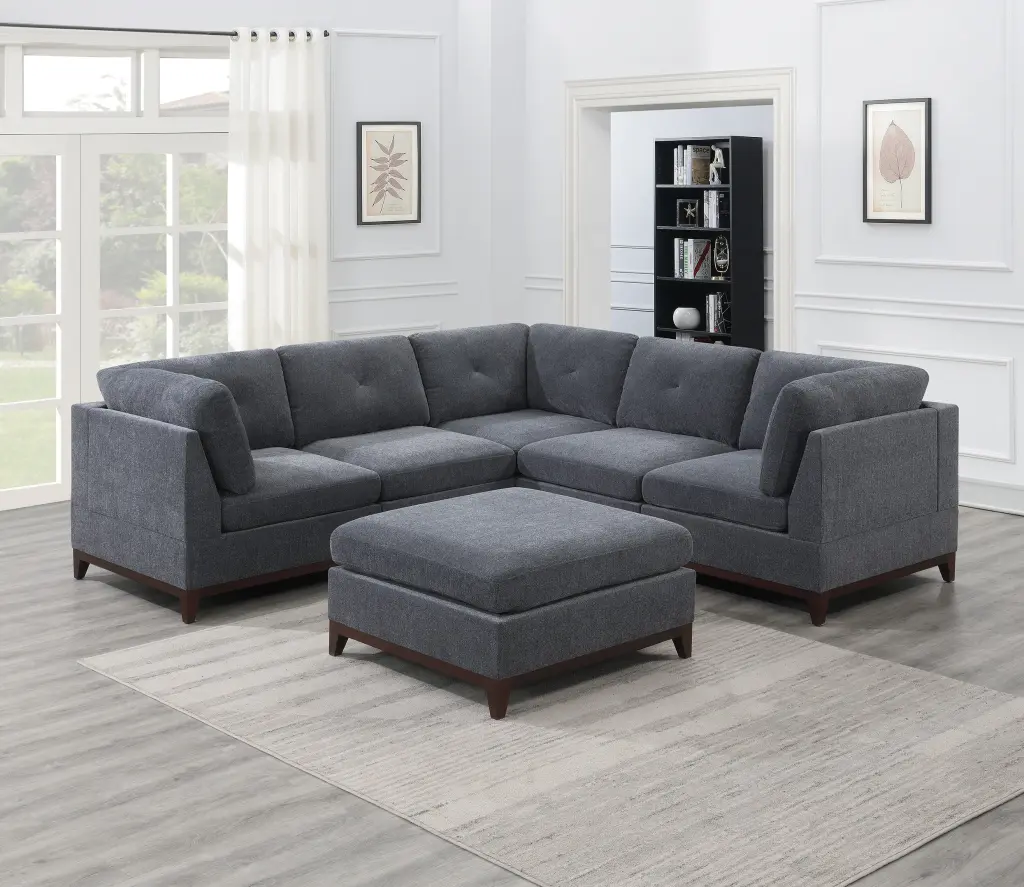 Homiyad Ash Grey Chenille Fabric Modular Sectional 6Pc Set Corner Wedge, Armless Chairs and Ottoman