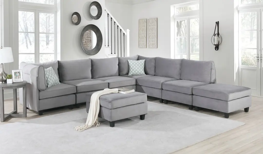 Homiyad Gray Velvet 8Pc Modular Sectional Sofa Spacious Living Room