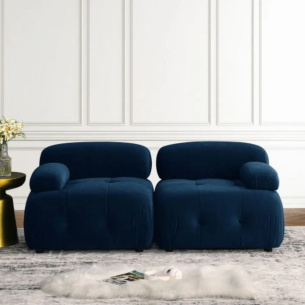 Modular Sectional Sofa Button Tufted Design and Reversible Ottoman Navy Velvet Hypeshops