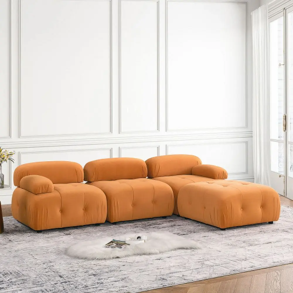 Modular Sectional Sofa Button Tufted Design and Reversible Ottoman Orange Velvet Hypeshops