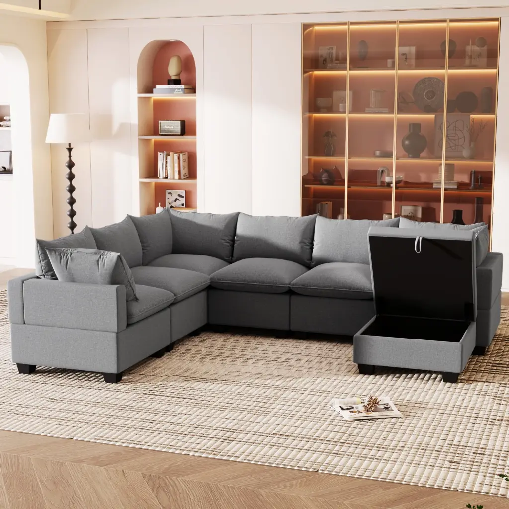 120x93 Modern U Shape Modular Sofa Storage Ottoman 7 Seat Sectional Couch Set 2 Pillows Freely Combinable Jamini