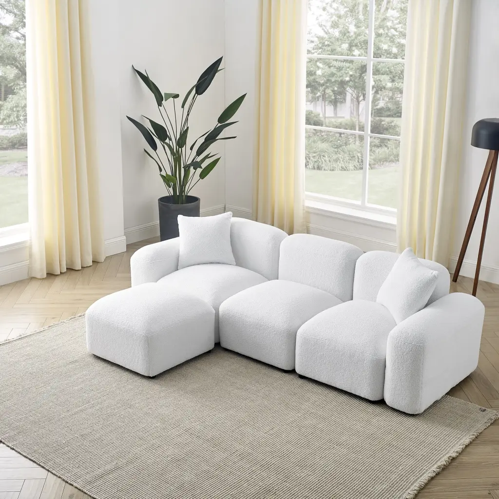 L-Shape Modular Sectional Sofa DIY Combination Teddy Fabric White Jamini