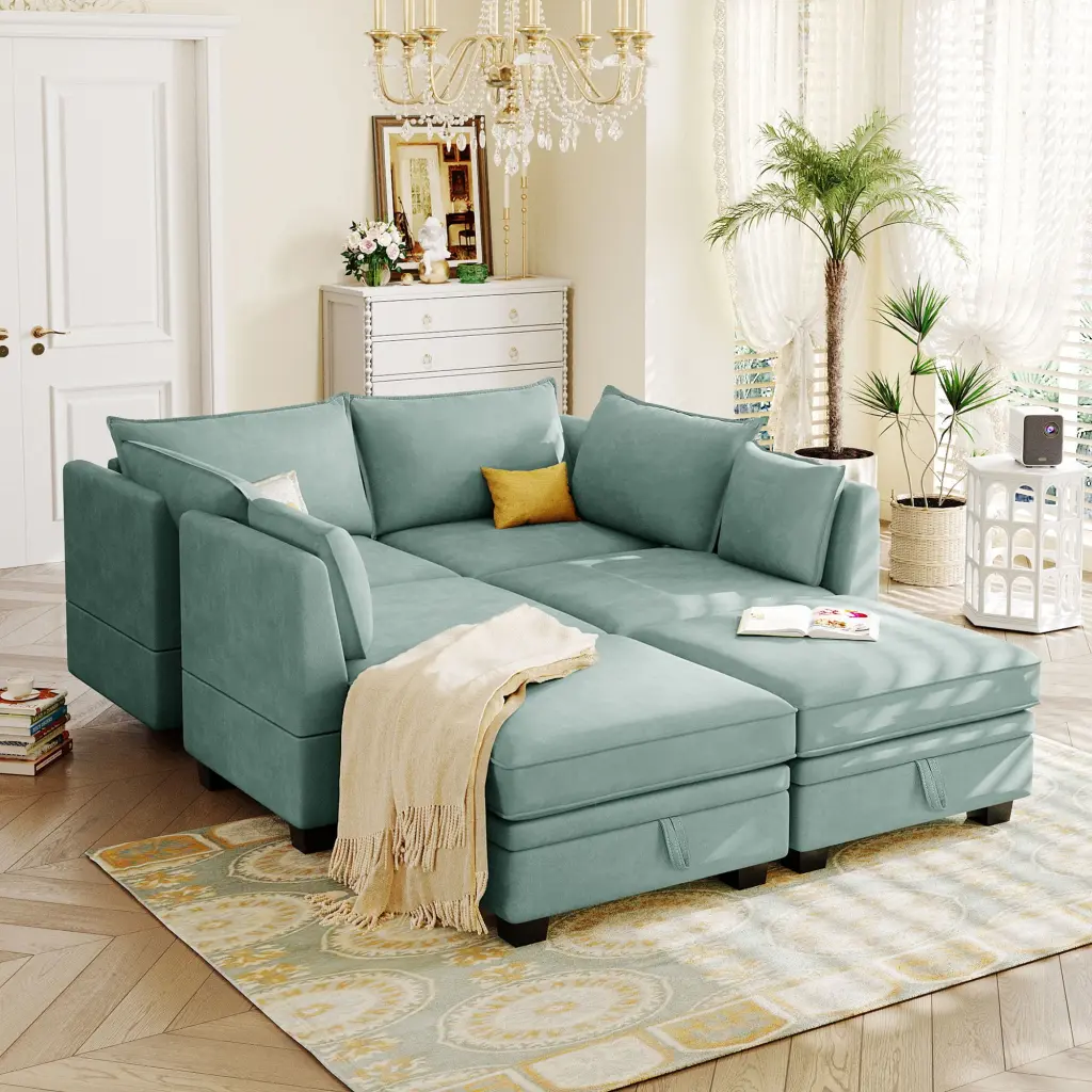 U_Style Modern Large U-Shape Modular Sectional Sofa Bed Storage and Reversible Chaise Light Green Jamini