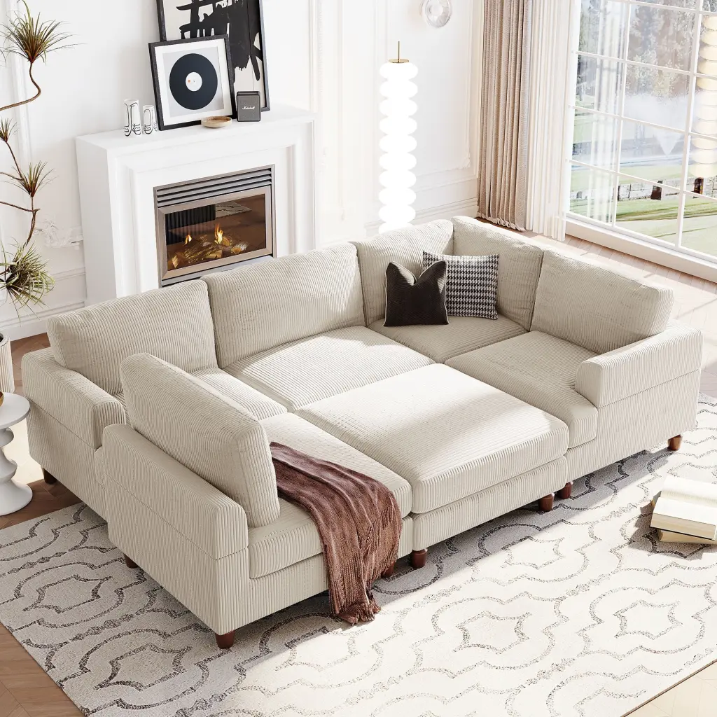 U-Style Modular Sectional Sofa Ottoman L Shaped Corner Sectional Living Room Office Spacious Space Beige Jamini