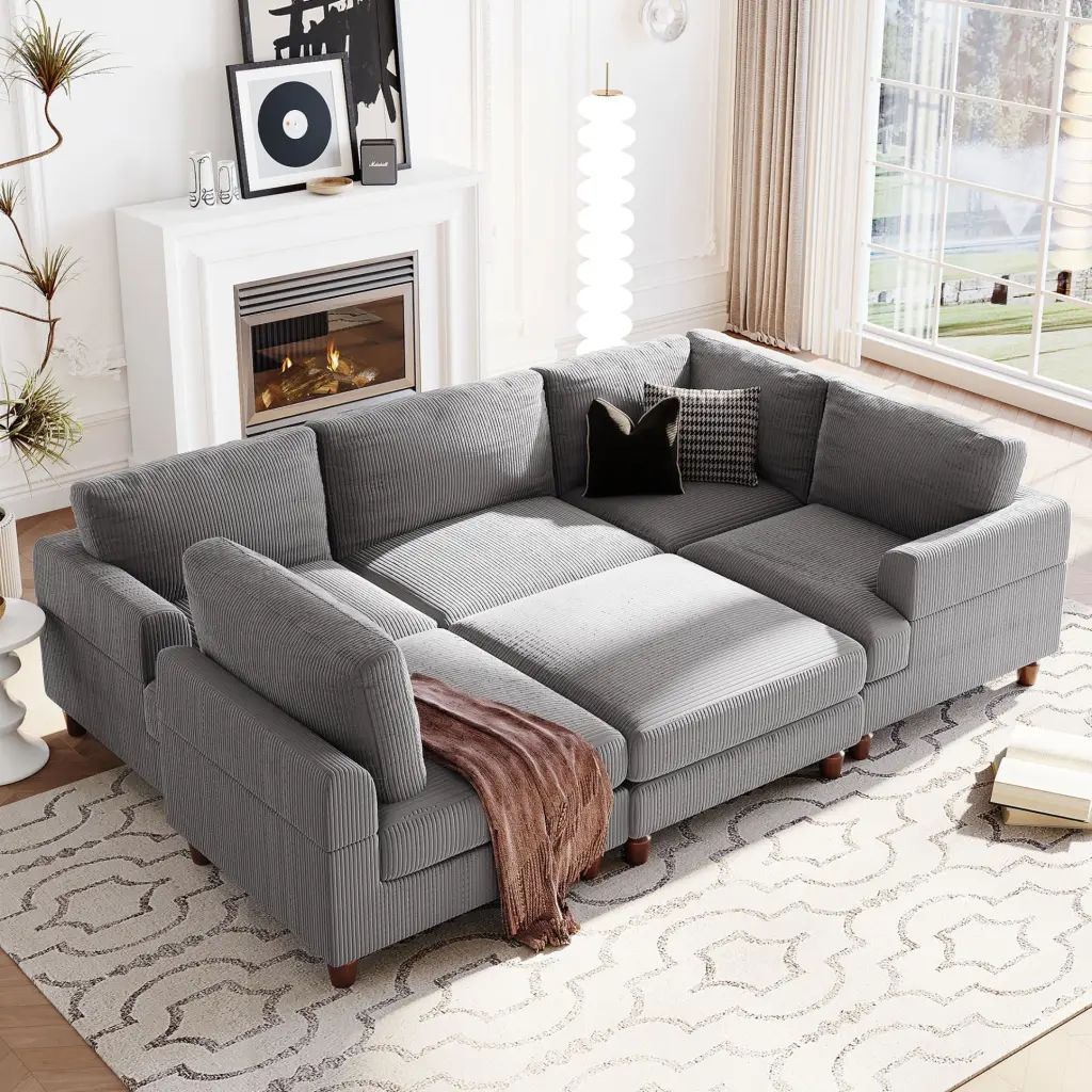 U-Shaped Modular Combination Sofa Ottoman - L Shaped Corner Sectional Wooden Legs JAMPOOCA