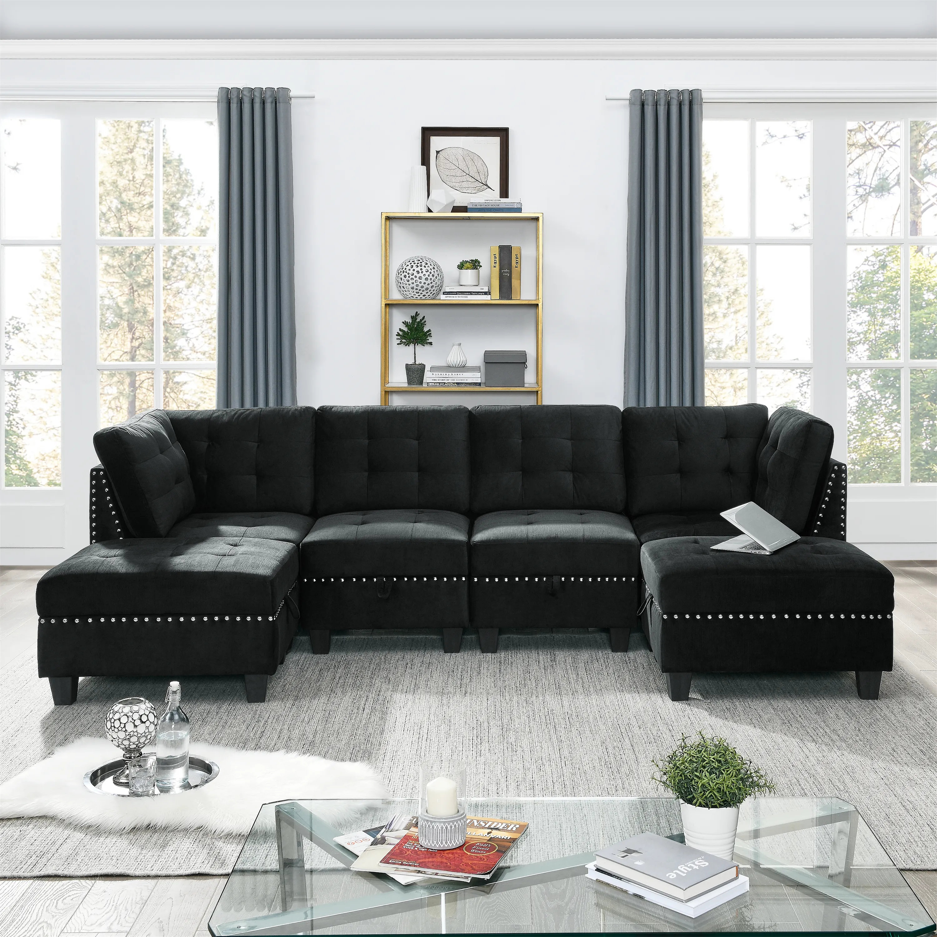U Shape Modular Sectional Sofa DIY Combination Two Single Chairs Two Corners and Two Ottomans Black Velvet Leadbon