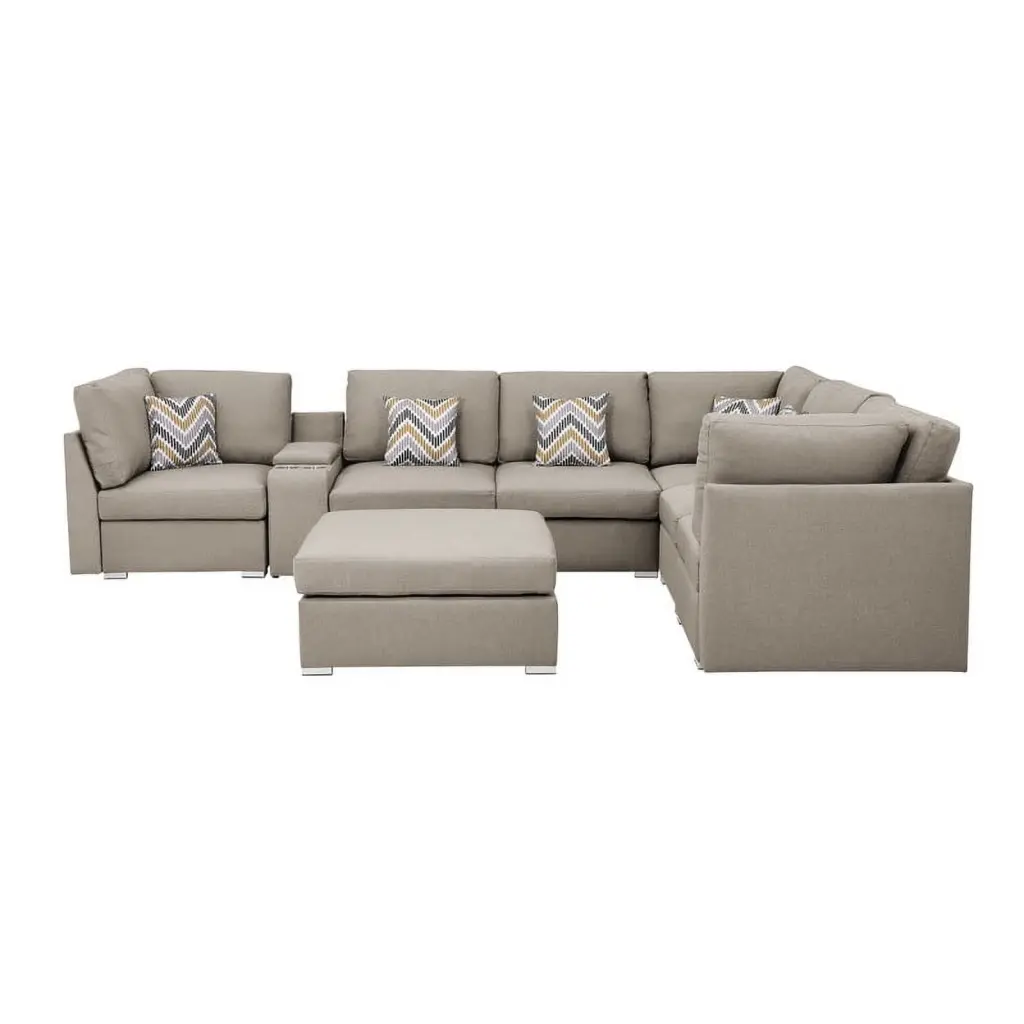 Contemporary Home Living 8-Piece Tan Beige Amira Fabric Reversible Modular Sectional Sofa USB Lilola Home