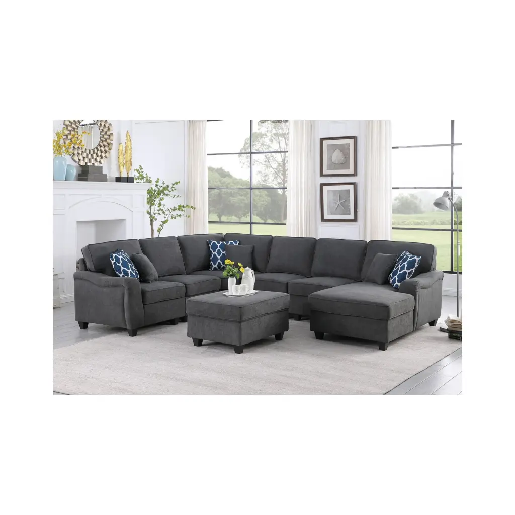 Leo Dark Gray Woven Fabric 7pc Modular L Shape Sectional Sofa Chaise and Ottoman Contemporary Living Room Set Lilola Home