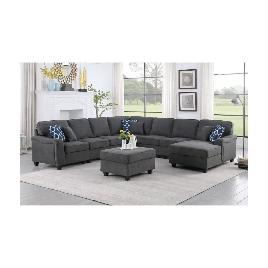 Leo Dark Gray Woven Fabric 8Pc Modular L-Shape Sectional Sofa Chaise and Ottoman Lilola Home