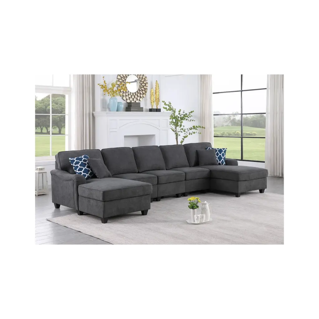 Leo Dark Gray Woven Fabric Double Chaise 5Pc Modular Sectional Sofa Set Lilola Home