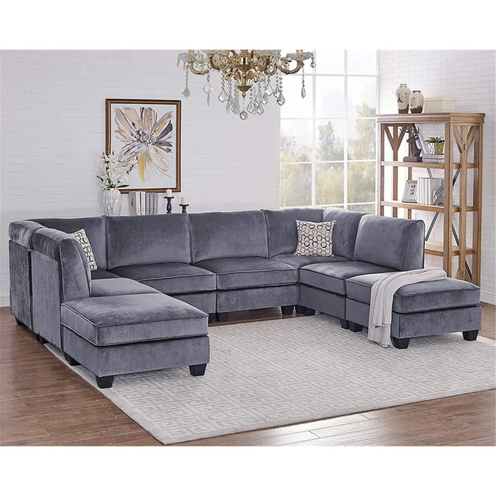 Simona Gray Velvet 8Pc Modular U Shape L Shape Sectional Sofa Large Living Spaces Lilola Home