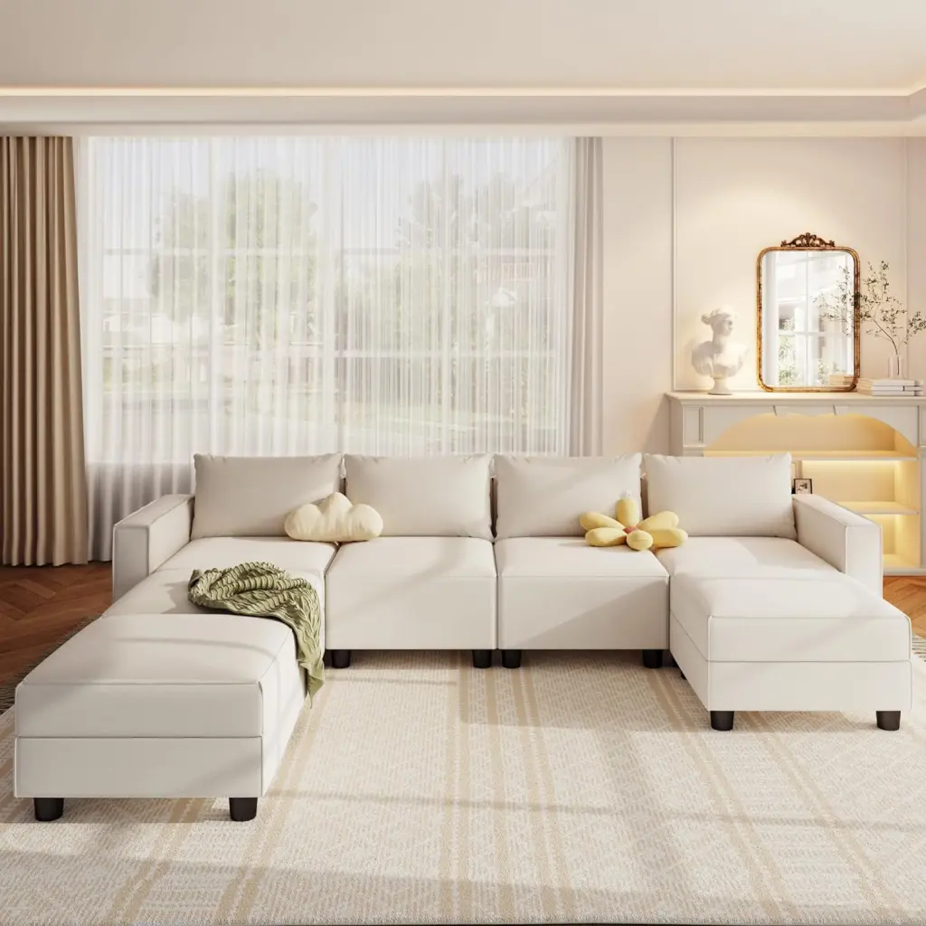 Modular Sectional Sofa - Convertible U Shaped Linen Fabric Sofa Storage Ottomans - Beige LLappuil