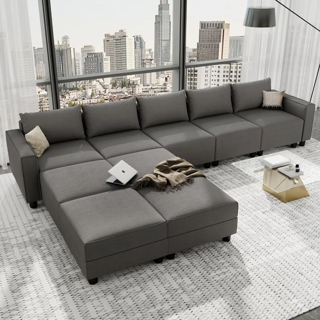 Modular Sectional Sofa 5 Extra Deep Seats and 4 Storage Ottomans Dark Grey Linen Fabric LLappuil