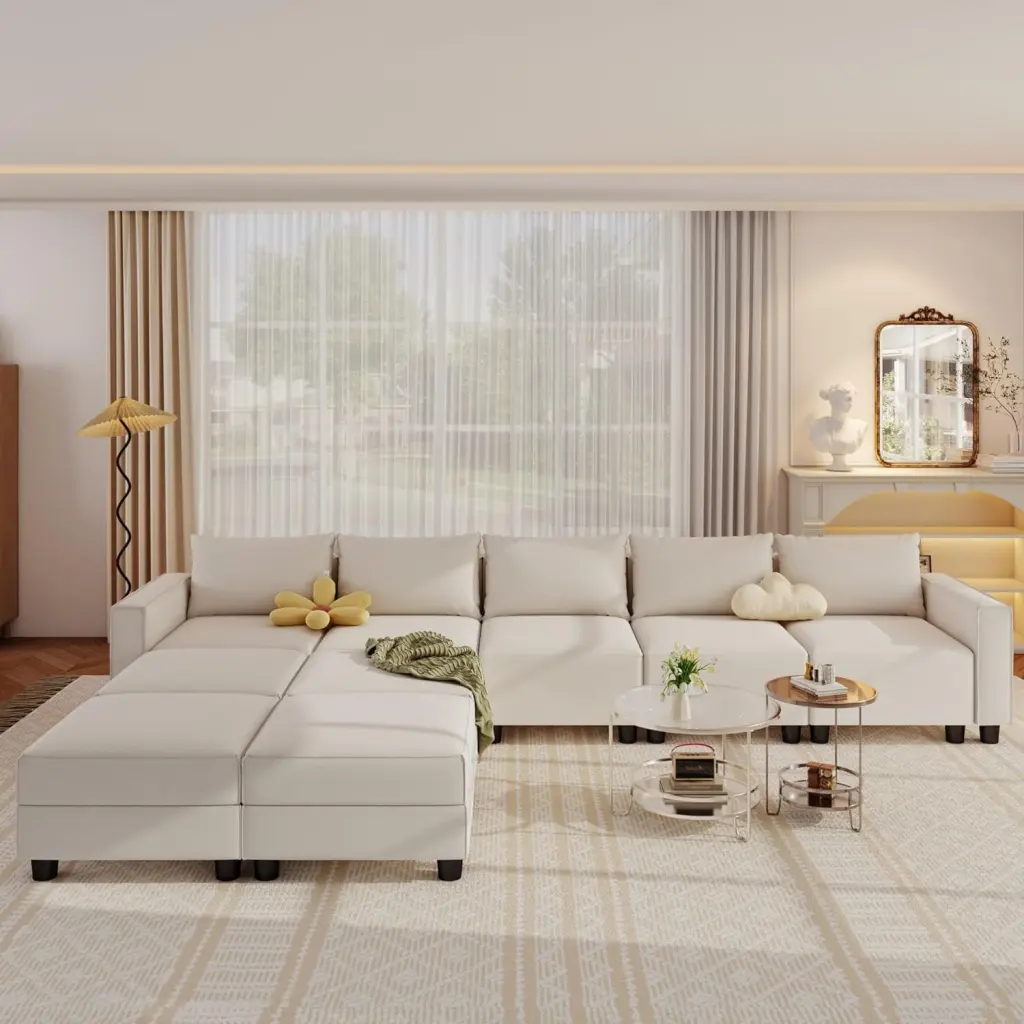 Modular Sectional Sofa 5 Extra Deep Seats and 4 Storage Ottomans Beige Linen Fabric LLappuil