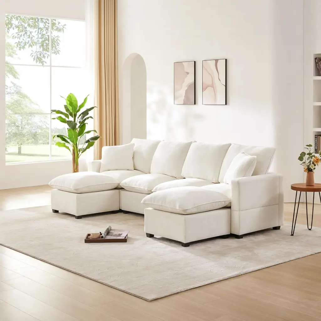 110 Inch Modern U Shape Modular Sofa 6 Seats and 2 Pillows Chenille Fabric MADETEC