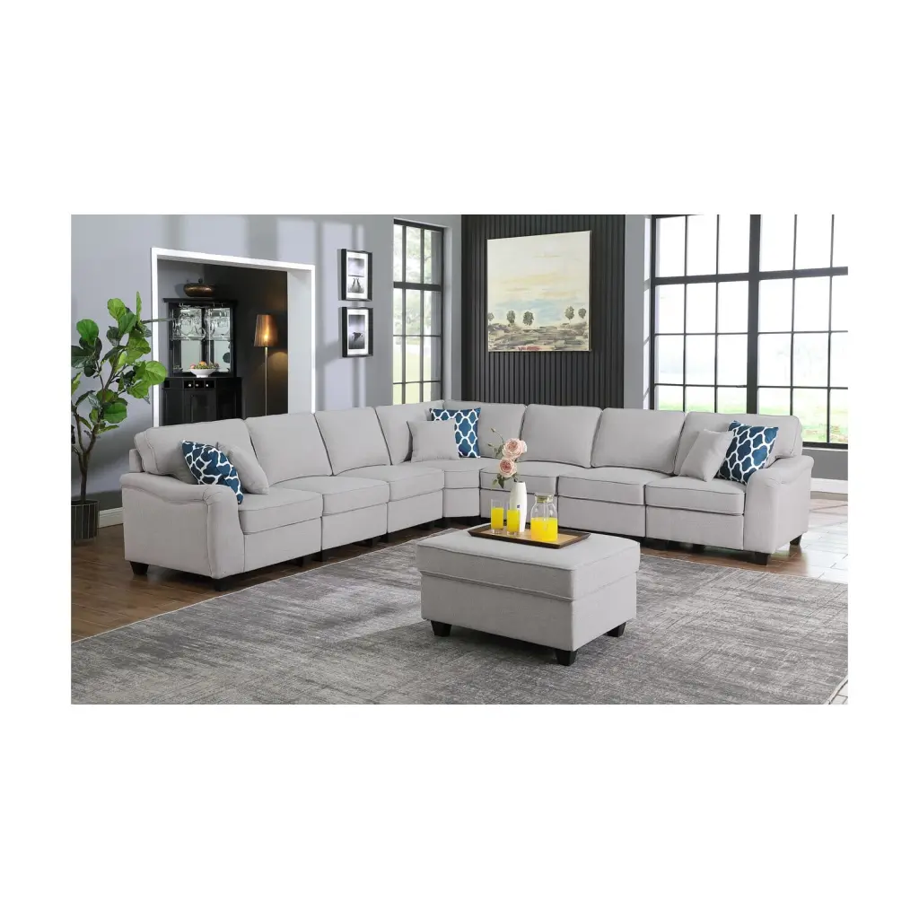 Maykoosh City Chic Dark Gray Linen 8Pc Modular L-Shape Sectional Sofa and Ottoman
