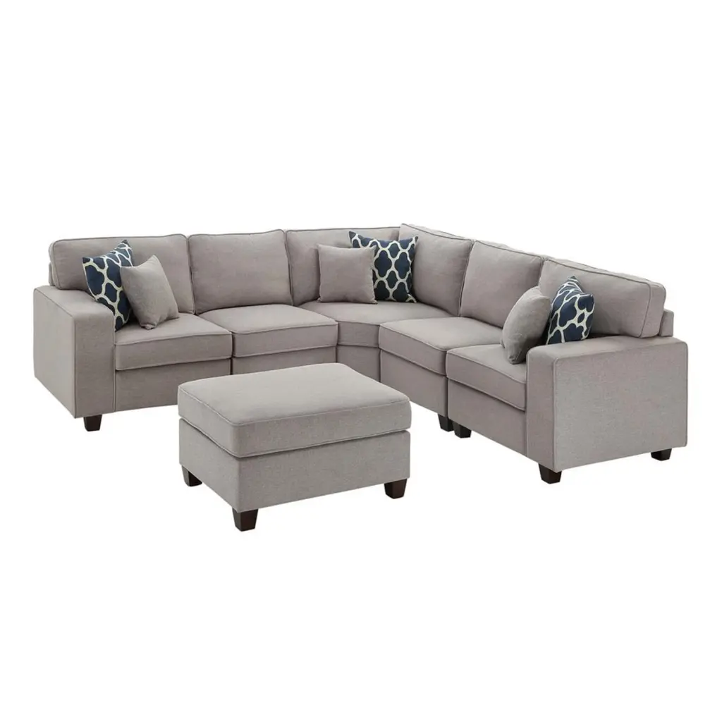Maykoosh Renaissance Romance Light Gray Linen 6Pc Modular L-Shape Sectional Sofa Ottoman