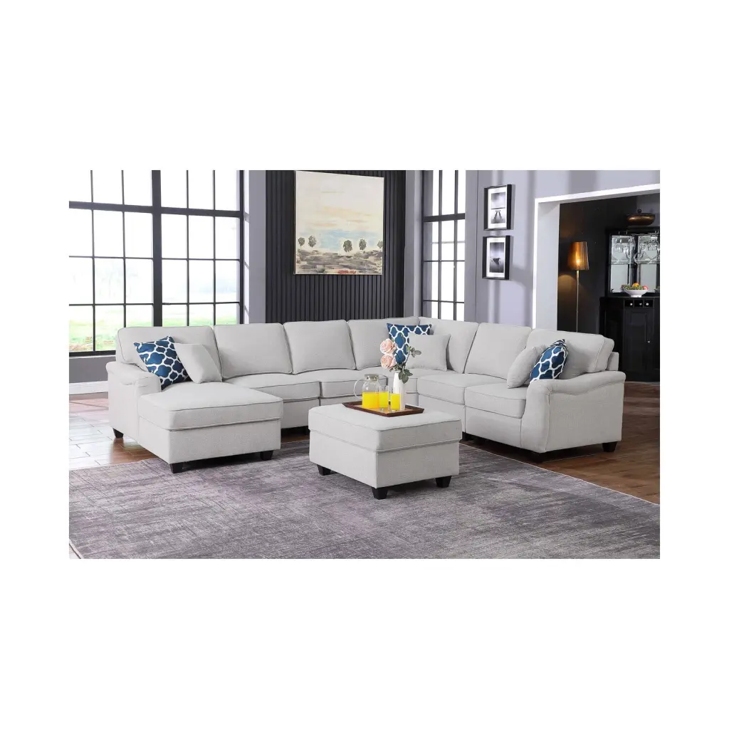Maykoosh Suburban Soiree 7Pc Modular L-Shape Sectional Sofa Chaise Ottoman Light Gray Linen